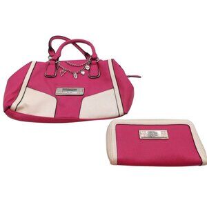 Guess  Satchel Handbag with Matching Wallet Set Hot Pink White Y2K Charms